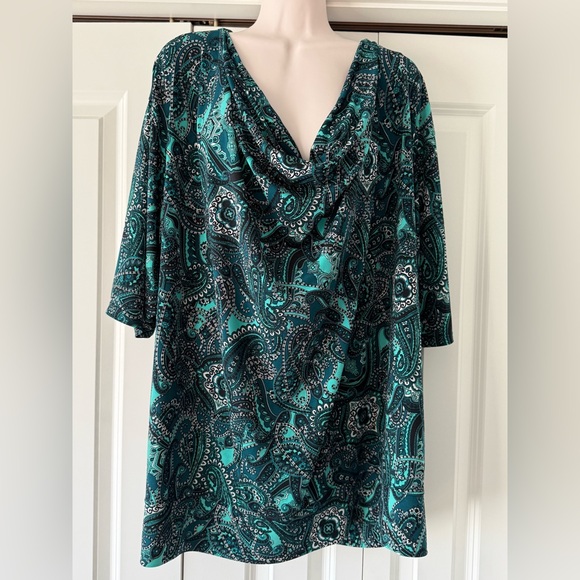 George Tops - George aqua green paisley drape neck blouse top career 3X